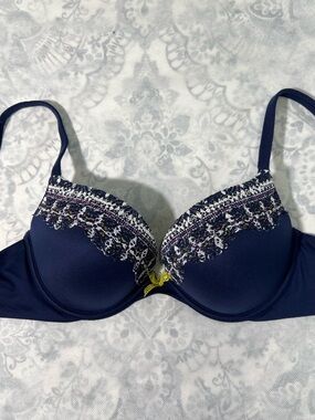 Victoria's Secret Body By Victoria Blue Floral Embroidered Lace Push Up Bra 32DD